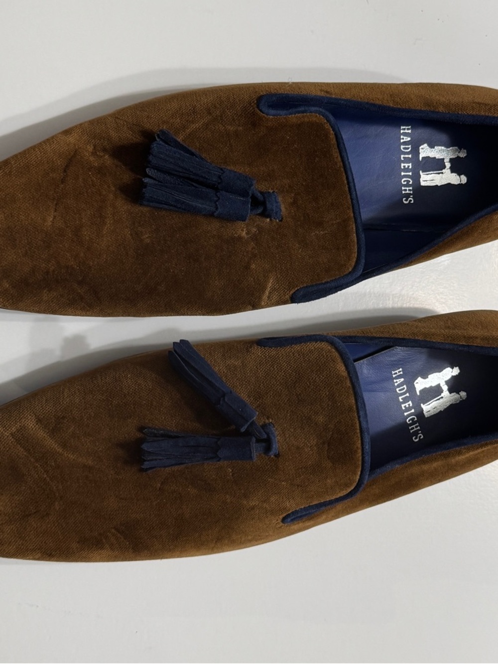 Brown Suede Tassel Loafers with Navy Trim